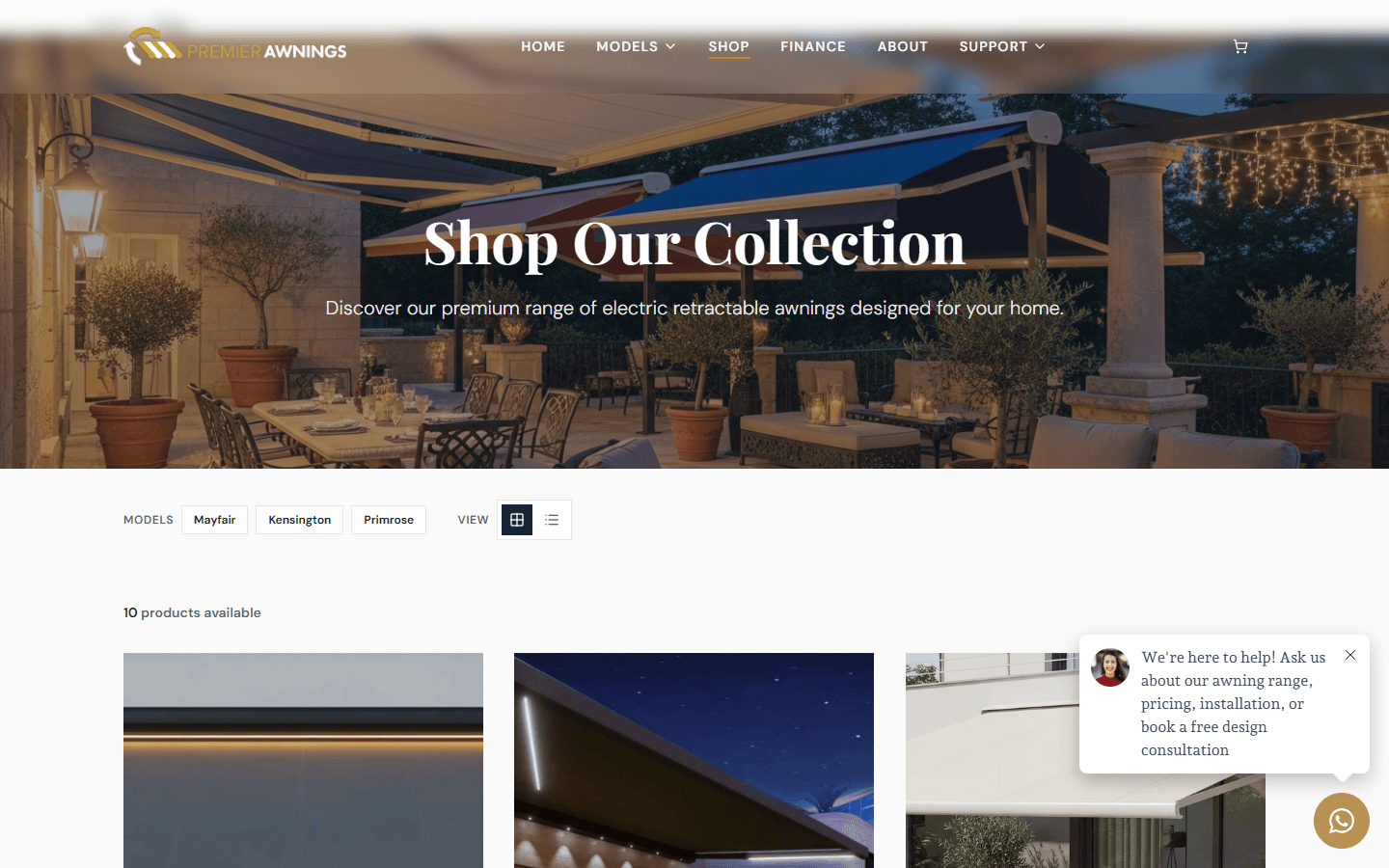 Premier Awnings shop page with configurable shading products