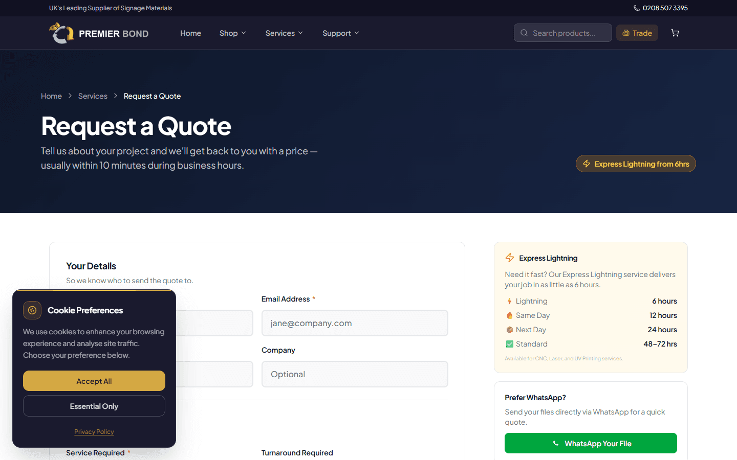 Premier Bond quote request journey