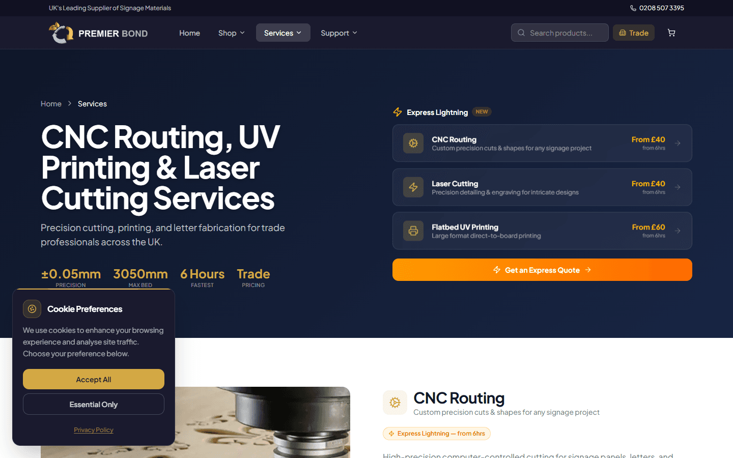Premier Bond services page showing fabrication capabilities