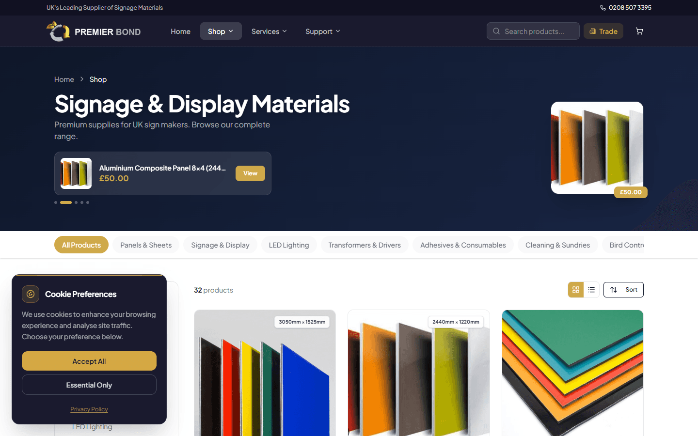Premier Bond shop page with trade signage products