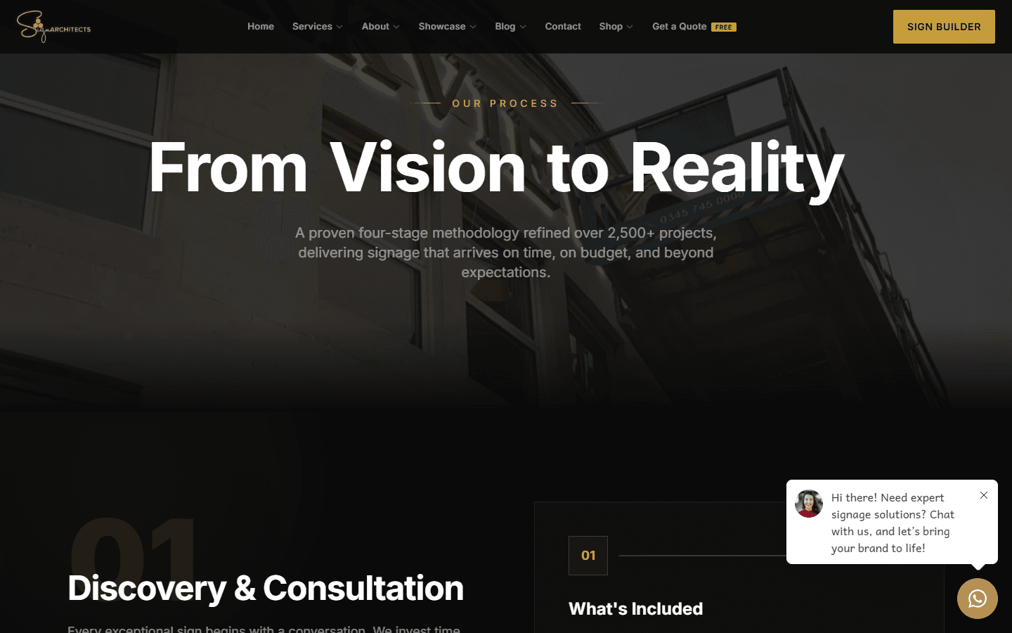 Sign Architects process page explaining design, manufacture and installation