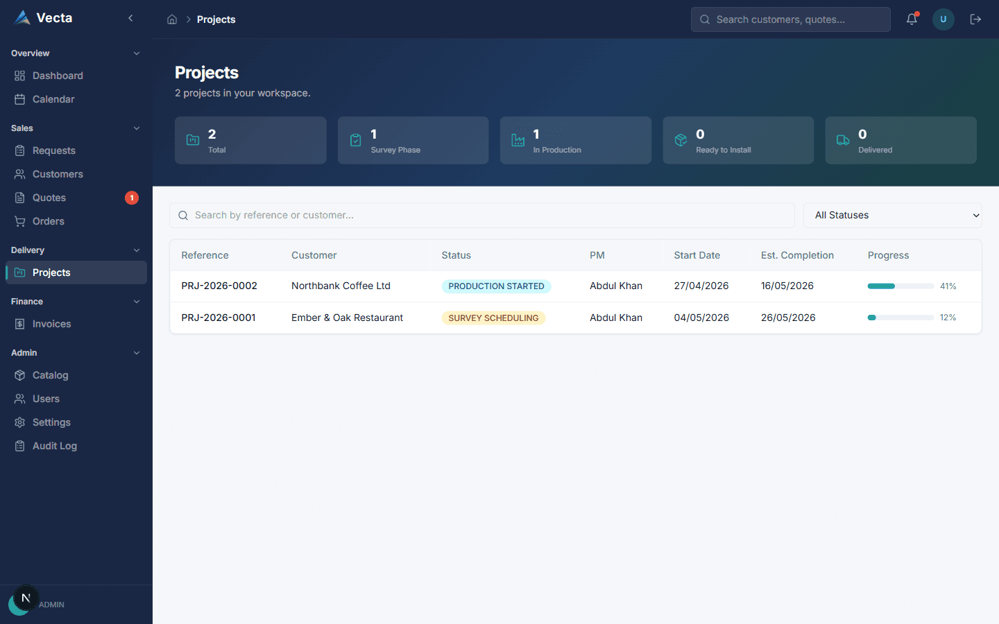 Vecta projects page showing survey, production, installation, and live field progress